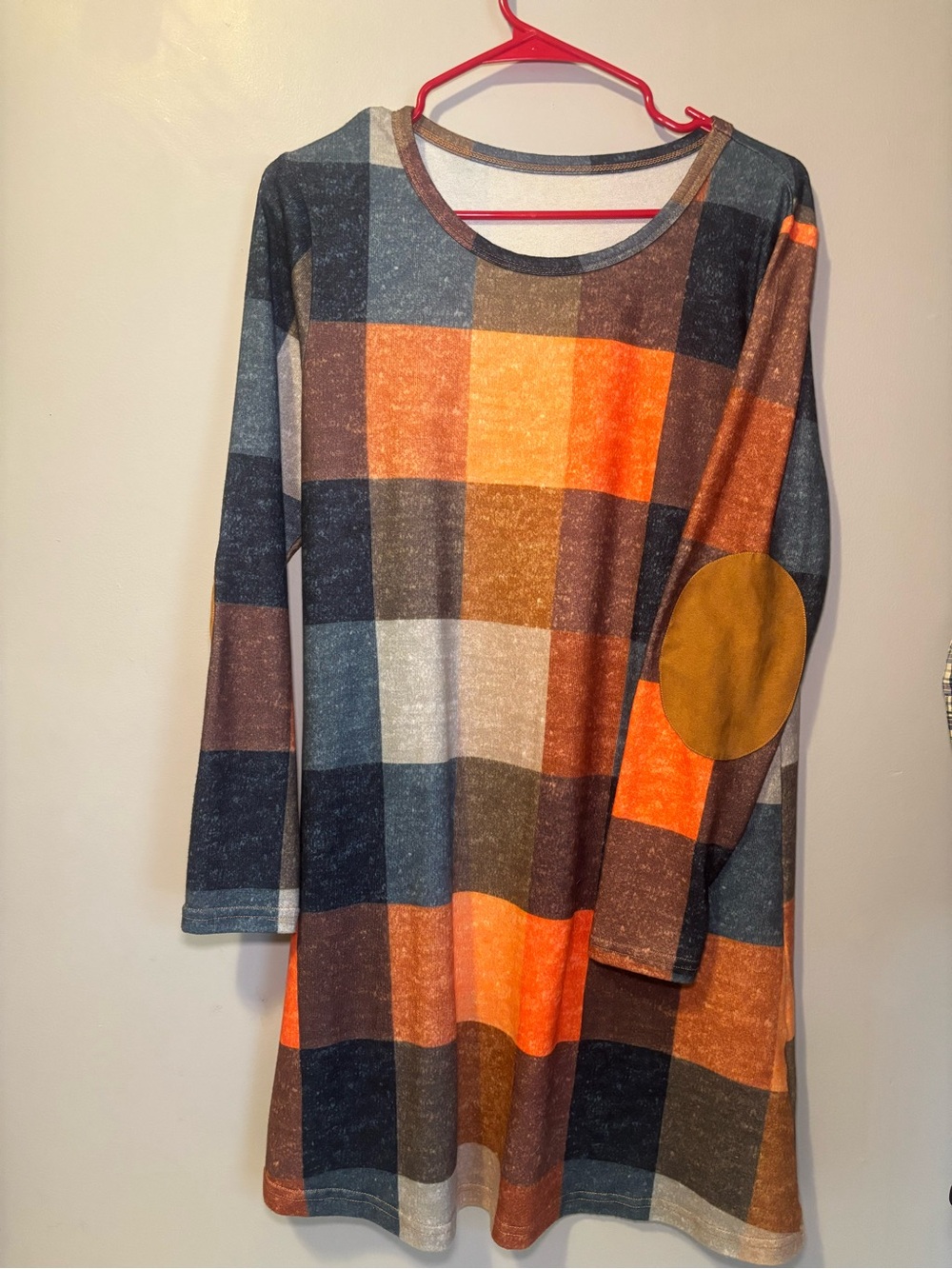 Girls Long Sleeve Plaid Tunic with Orange Elbow Patch